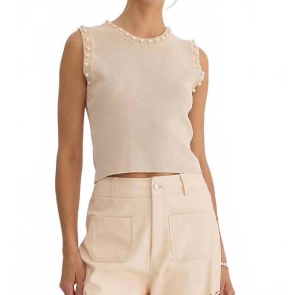 ENTRO Tops - NEW ENTRO meghan pearl embellished sleeveless top in ecru